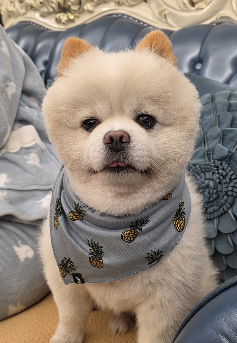 Haha — pineapple bandana, sitting upright, sweet direct gaze